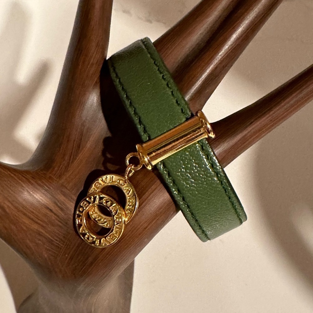 Bvlgari Green Leather Gold-Toned Hardware Cuff Bracelet
